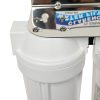 Twin USA-Made 10 inch by 2 point 5 inch QMP Water Filter Housings with three quarter inch brass ports on a stainless steel bracket