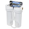 Twin USA-Made 10 inch by 2 point 5 inch QMP Water Filter Housings with three quarter inch brass ports on a stainless steel bracket