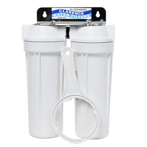 Twin USA-Made 10 inch by 2 point 5 inch QMP Water Filter Housings with three quarter inch brass ports on a stainless steel bracket