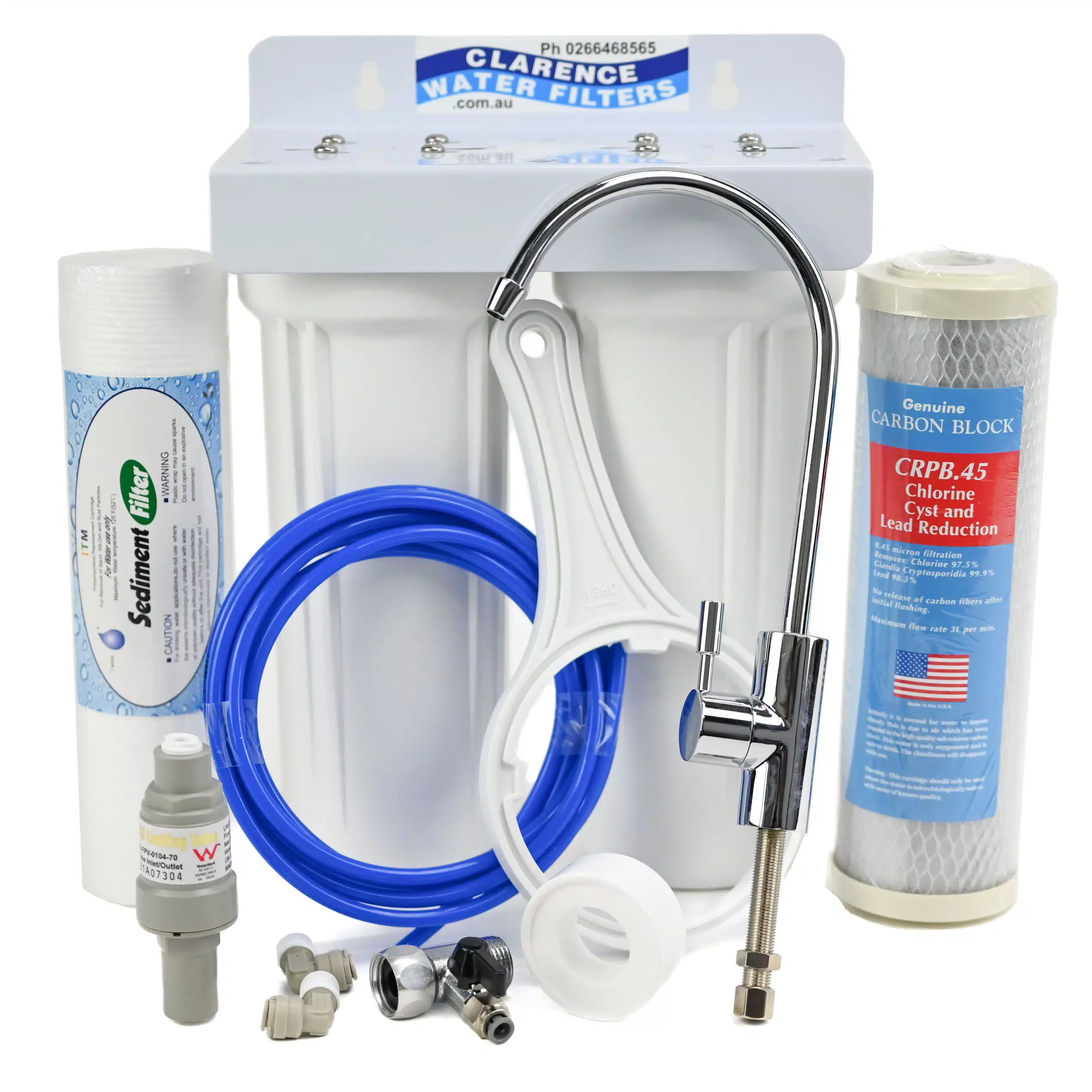 Twin Under Sink Water Filter For Town Water With QMP Housings WC04 filter and 1 micron sediment filter