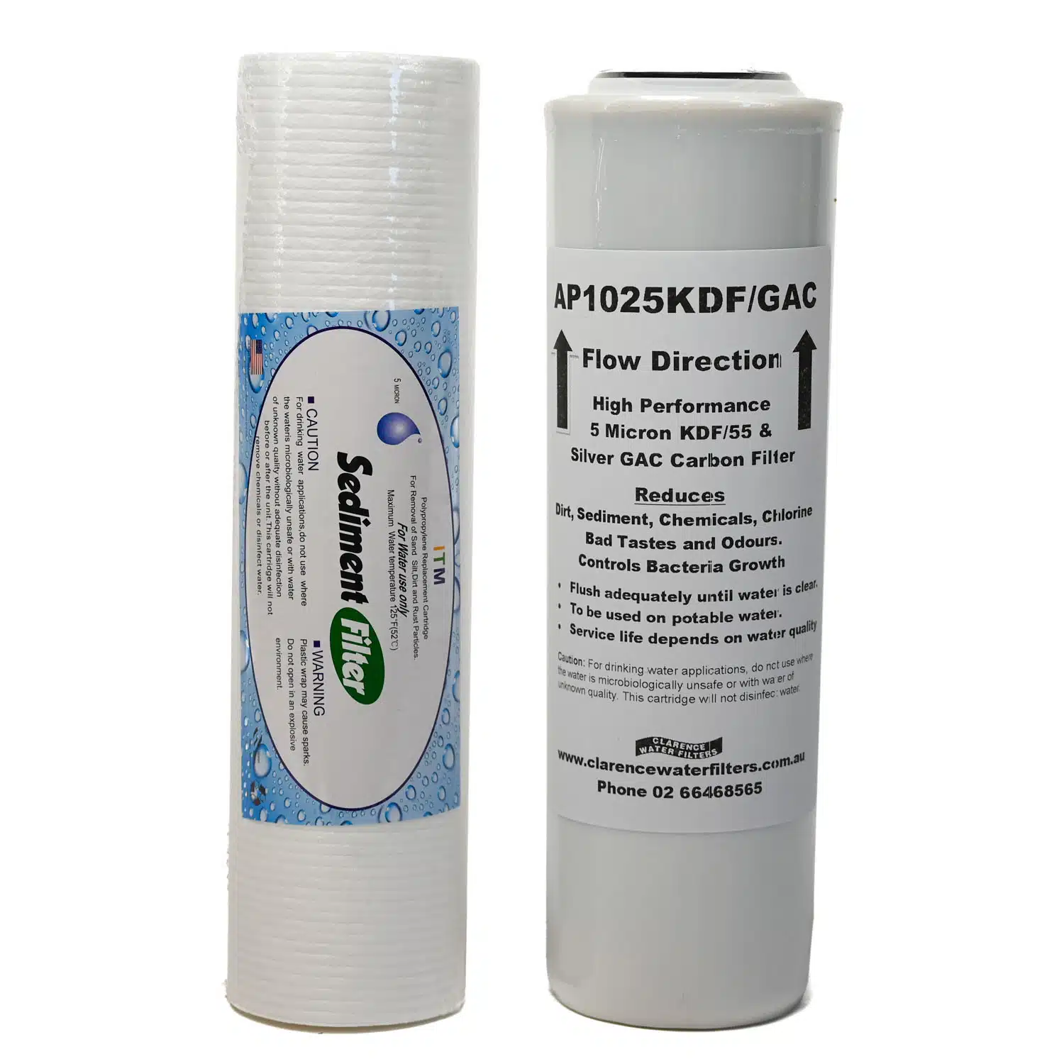 Two Water Filter Set including 5 micron 10 inch sediment filter and 10 inch AP1025KDFGAC KDF and Carbon chemical reduction filter