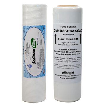 Two Water Filter Set including 5 micron 10 inch sediment filter and 10 inch carbon polyphosphate filter for bad taste odour and scale reduction