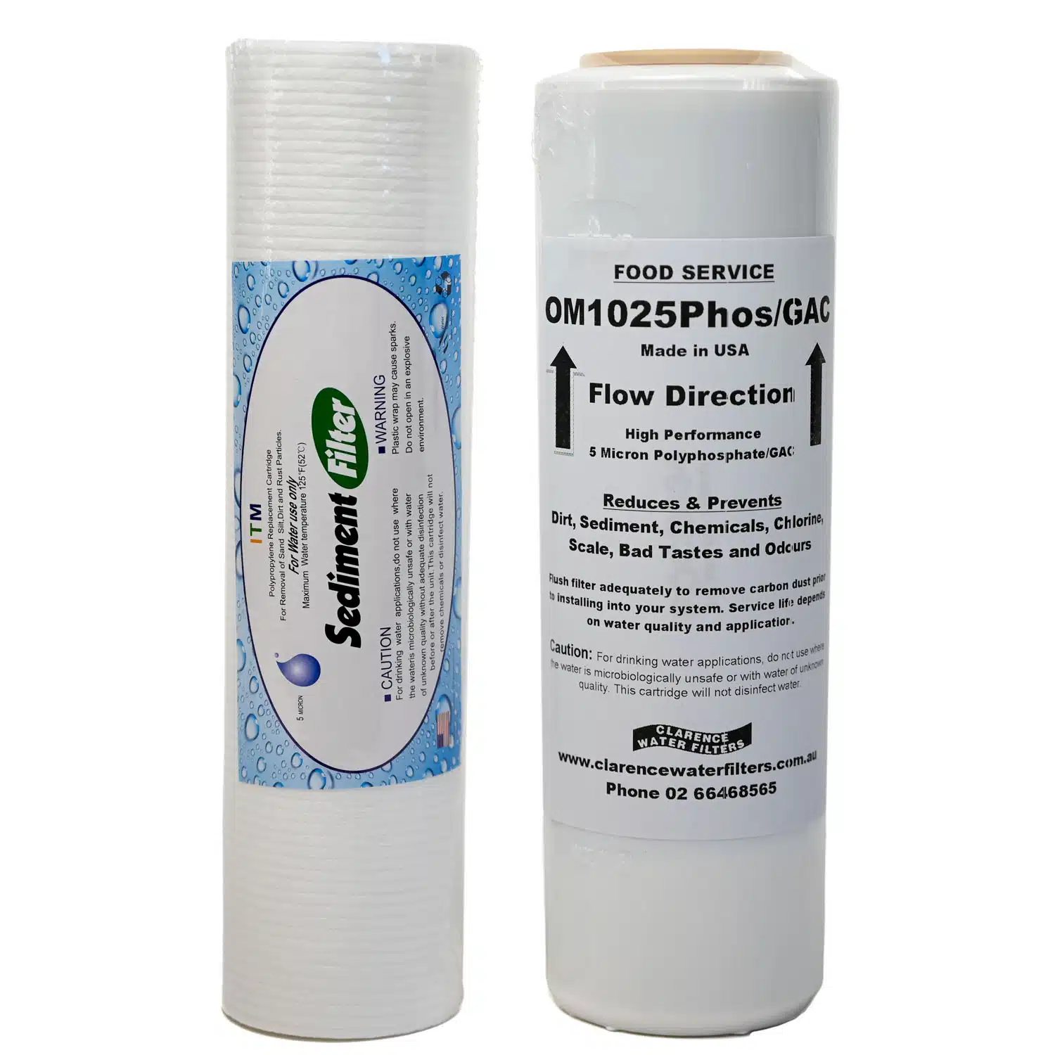 Two Water Filter Set including 5 micron 10 inch sediment filter and 10 inch carbon polyphosphate filter for bad taste odour and scale reduction